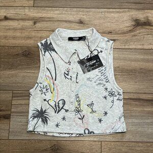 Jaded London Doodle Graffiti Rib Halter Top SZ 8 Gray Crop Collared Stretch Tank